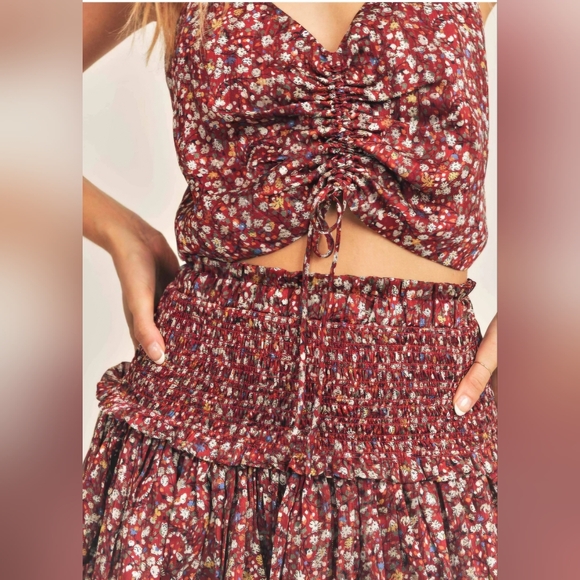 Reset By Jane Floral Mini Skirt Burgundy With Shimmer Thread Size: S,M,L NEW - Picture 5 of 6